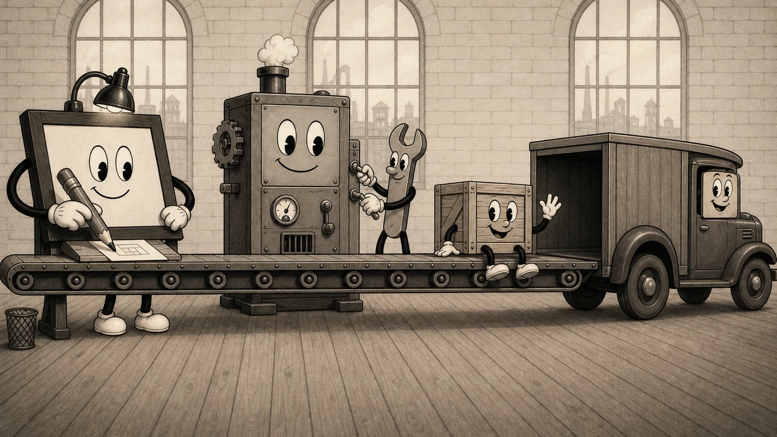 One conveyor belt runs through three stations: a drafting table sketching a screen, a machine with a wrench tightening it, and a crate rolling into a delivery truck