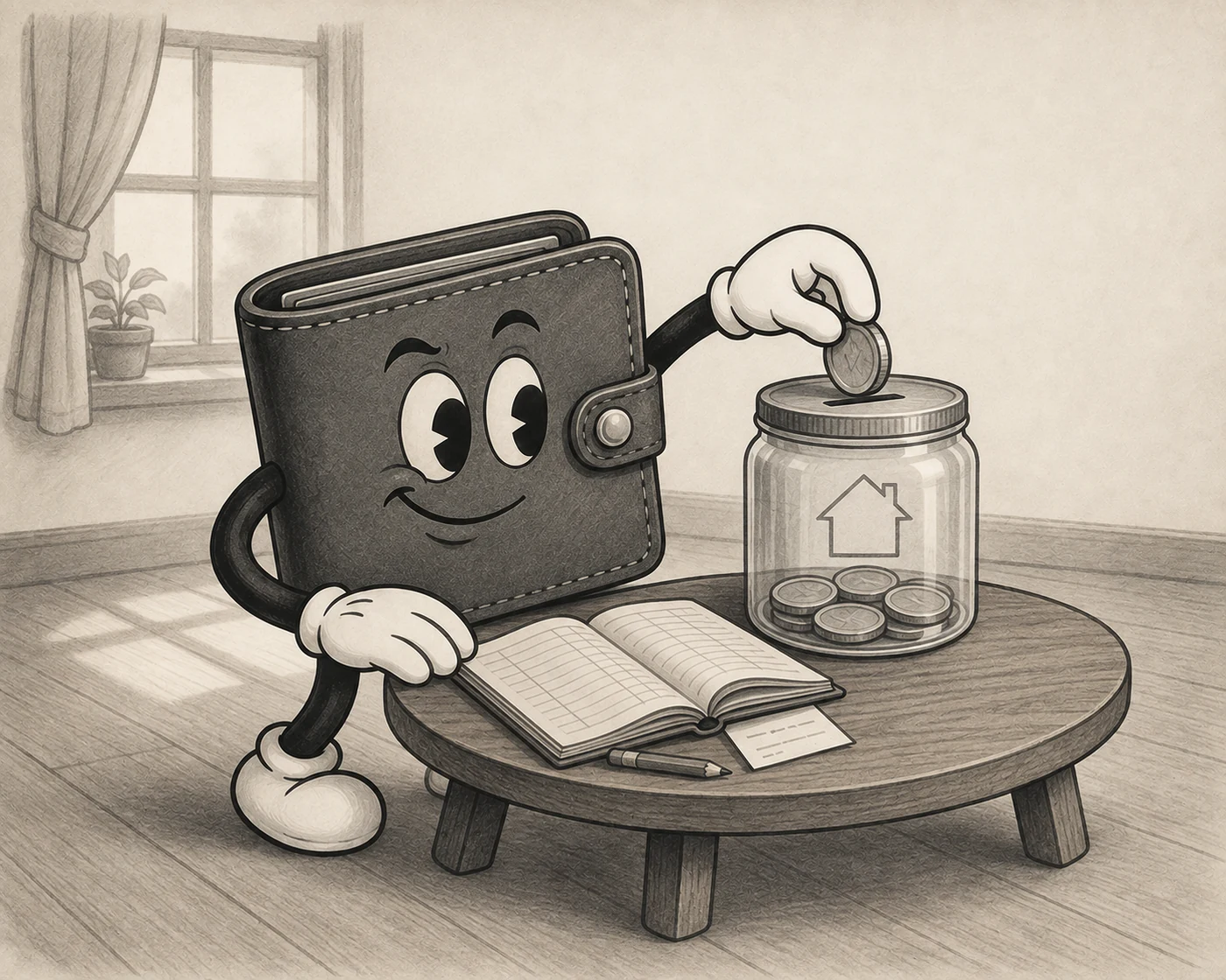 A wallet character puts a coin into a household savings jar beside an open budget ledger