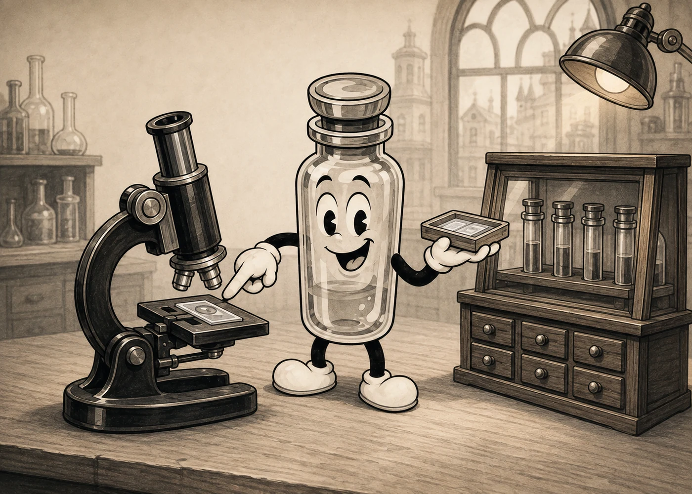 A friendly vial character points at a microscope slide beside a laboratory specimen cabinet