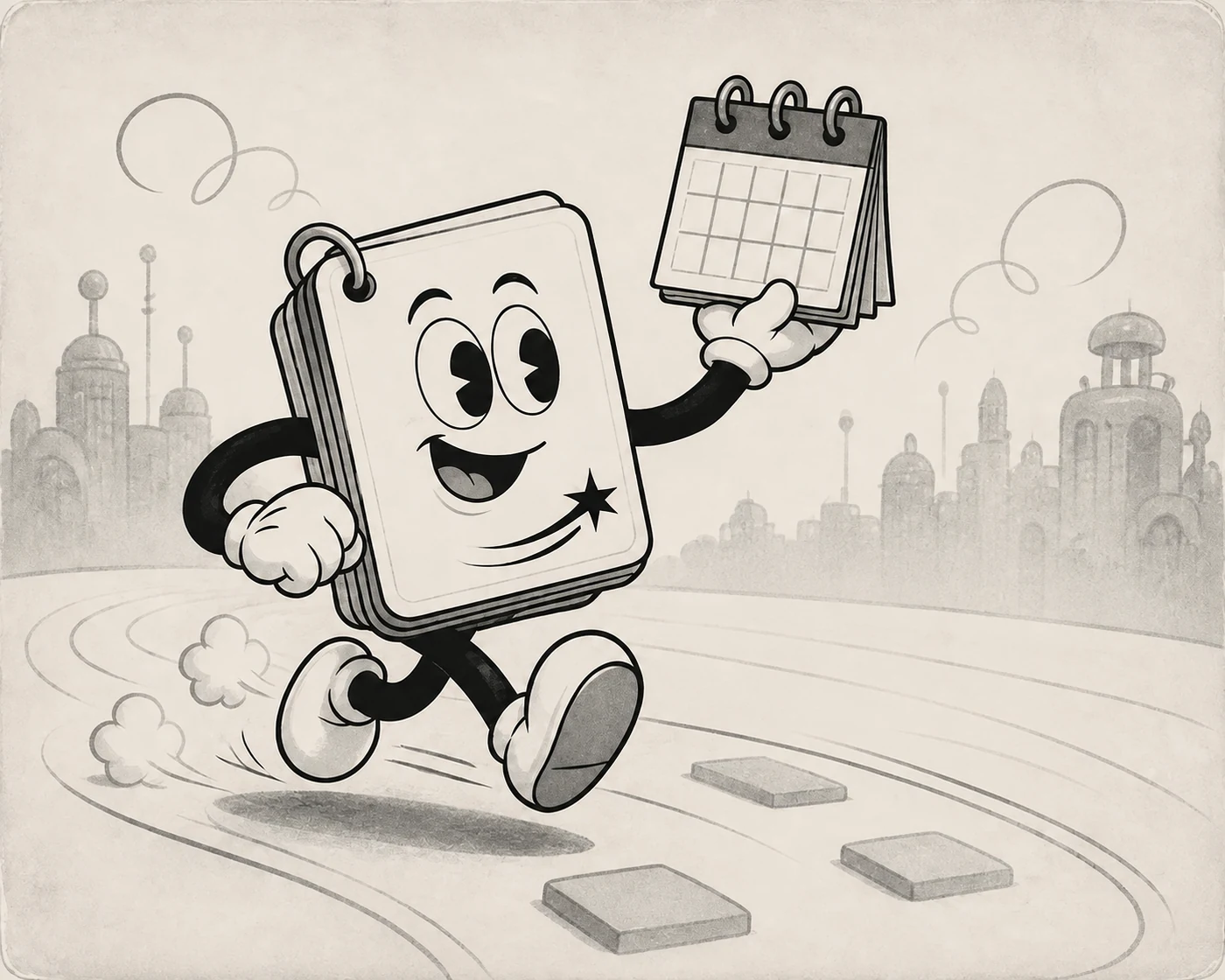 A smiling flashcard character runs along a track holding a daily calendar